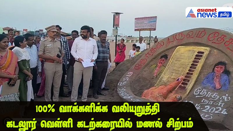 100 சதவீத வாக்குப்பதிவு; வெள்ளி கடற்கரையில் மணல் சிற்பம் - மாணவர்களுக்கு துண்டு பிரசுரம் வழங்கிய ஆட்சியர்