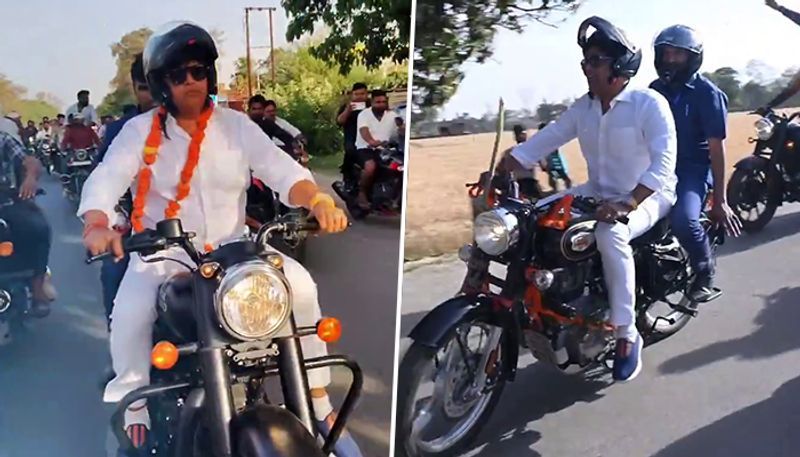 Ravi Kishan on campaign trail on a Bullet Enfield (WATCH)