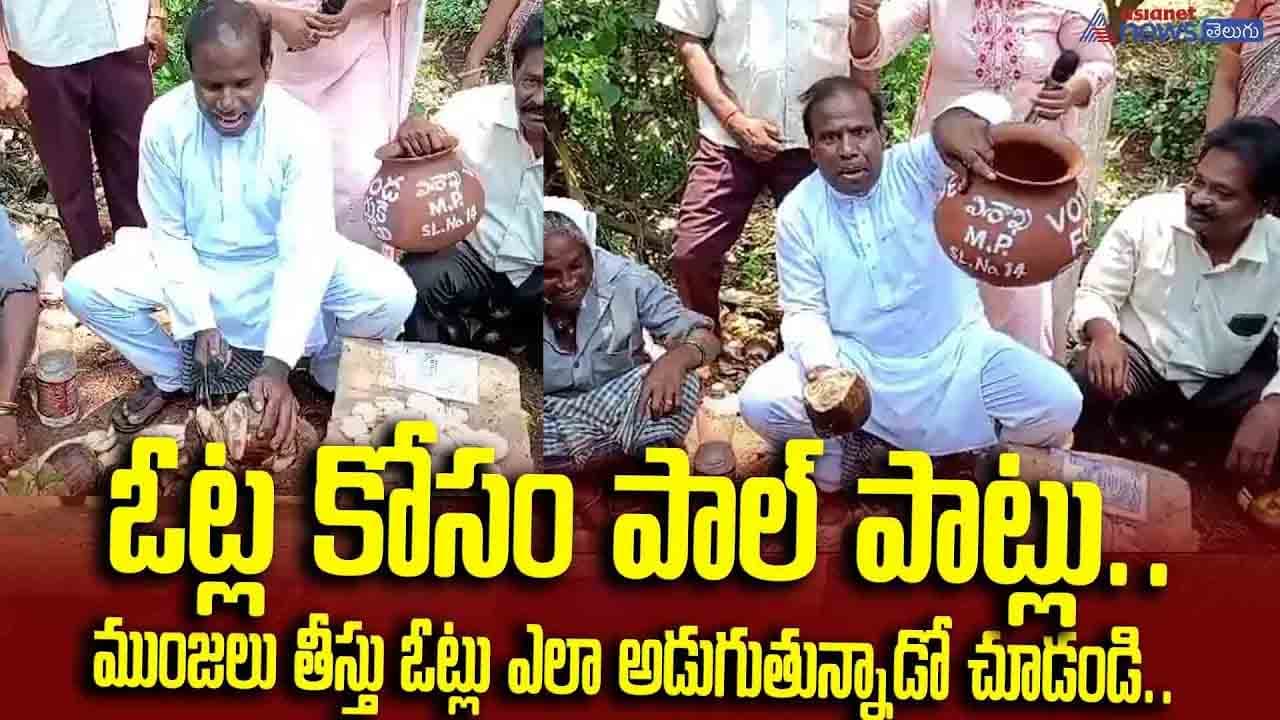 ఓట్ల కోసం పాల్ పాట్లు..ముంజలు తీస్తు ఓట్లు ఎలా అడుగుతున్నాడో చూడండి