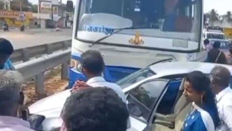 டிரைவர் அடித்த திடீர் பிரேக்.. பின்னால் வந்து மோதிய அரசு பேருந்து.. காரில் இருந்தவர்களின் நிலைமை என்ன?