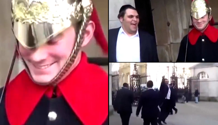 Rare moment shows Buckingham Palace visitor cracking Royal Guard's stiff upper lip! (WATCH)