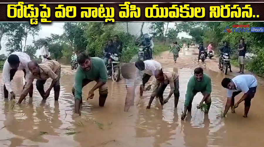 రోడ్డుపై వరి నాట్లు వేసి యువకుల నిరసన.. 