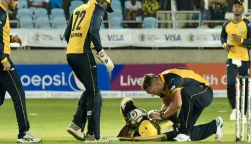 west indies cricketer andre russell suffers brutal blow helmet in caribbean premier league