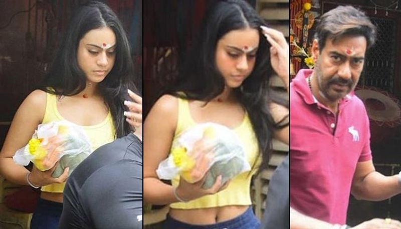 Kolase foto Nysa Devgan dan Ajay Devgan di kuil