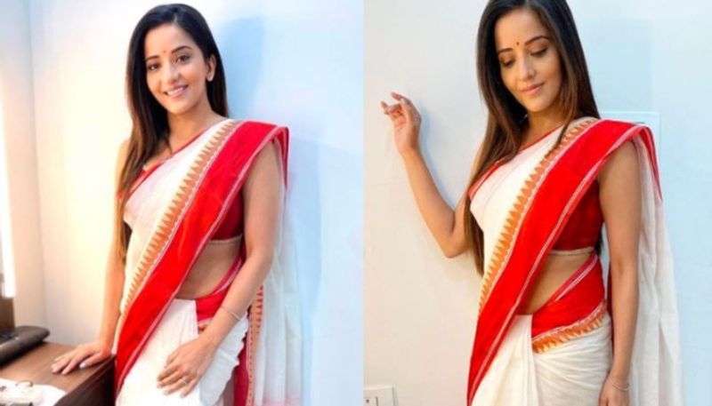 Tollywood actress Monalisa dons bong look in red and white fringed saree