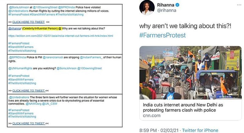 <p>Take for instance the Tweet by American pop star Rihanna.&nbsp;<br />&nbsp;</p><p>The tweet with the tag line "Why are we not talking about this?" comes with a CNN article on the Republic Day clashes embedded in the post.&nbsp;All that a "celebrity / Influential person" needs to do is to put their name behind the post.<br />&nbsp;</p><p>Among those who seem to have used the template is the Congress party whose Kerala women's unit handle sounds word to word similar to the tweets from the Google Drive.<br />&nbsp;</p><p>Then again, while the manual talks at length about forcing the Indian administration to repeal the controversial farm laws, it is suspiciously silent on the road ahead if and when the laws were to be junked.<br />&nbsp;</p><p>Instead, it shifts focus upon defaming India and its government on issues like the persecution of government critics, harassment of independent journalists and oppression of citizens in favour of corporates.</p>