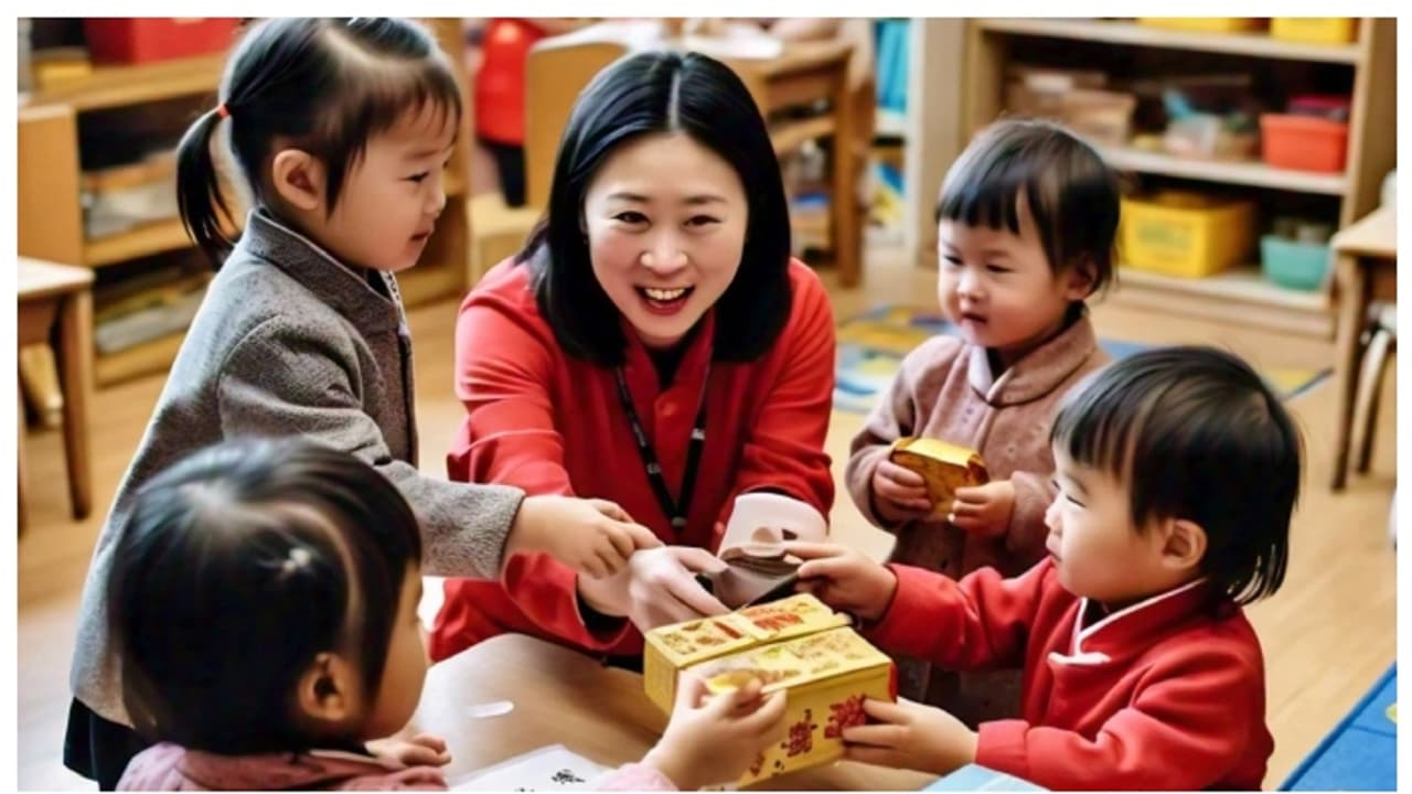 Chinese Nursery students give some chocolate to the teacher