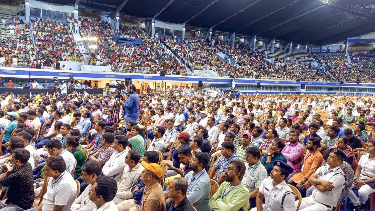 Mamata Banerjee addresses the aggrieved teachers at Netaji Indoor Stadium