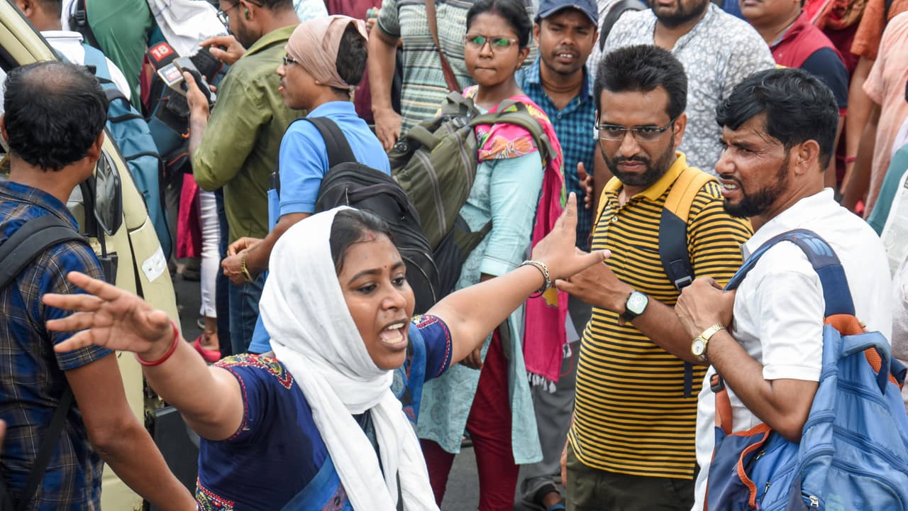Teachers take part in a protest rally marching towards SSC office