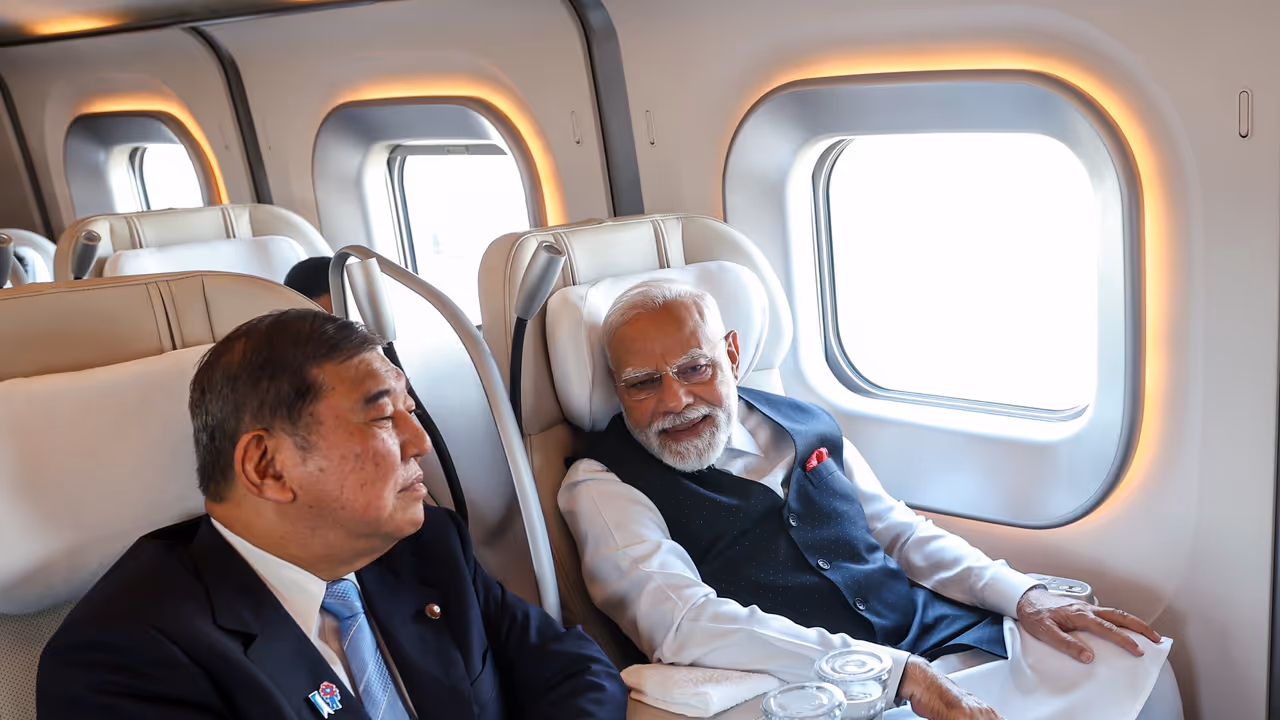 PM Narendra Modi accompanied by Japan PM Shigeru Ishiba travel in Shinkansen bullet train PM Narendra Modi accompanied by Japan PM Shigeru Ishiba travel in Shinkansen bullet train