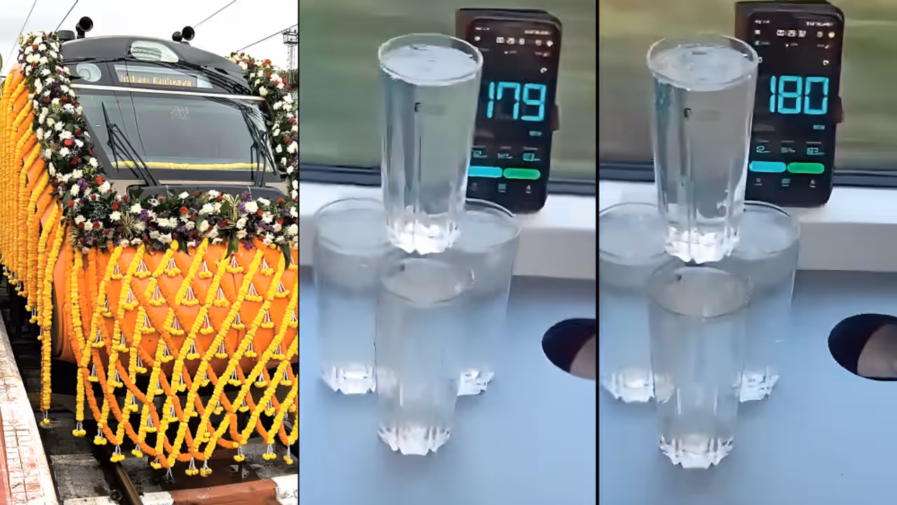 Vande Bharat Sleeper Train Speed Trial Ashwini Vaishnaw Water Glass Test Video Vande Bharat Sleeper Train Speed Trial Ashwini Vaishnaw Water Glass Test Video