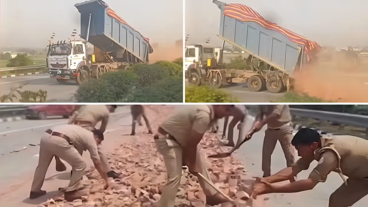 Greater Noida dumper driver viral video of dumper driver dumping stones on UP expressway sparks debate over road safety Greater Noida dumper driver viral video of dumper driver dumping stones on UP expressway sparks debate over road safety