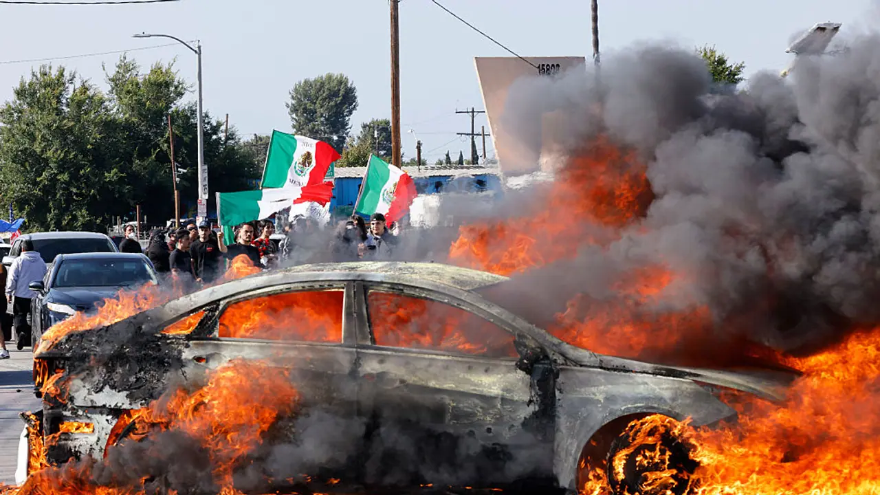 A car burns in Los Angeles