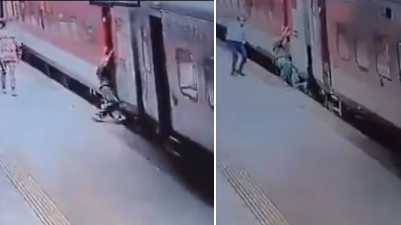 Ahmedabad Viral CCTV Video: Man Slips While Boarding Moving Train, Staff Pull Him Back in Last Second Rescue Ahmedabad Viral CCTV Video: Man Slips While Boarding Moving Train, Staff Pull Him Back in Last Second Rescue