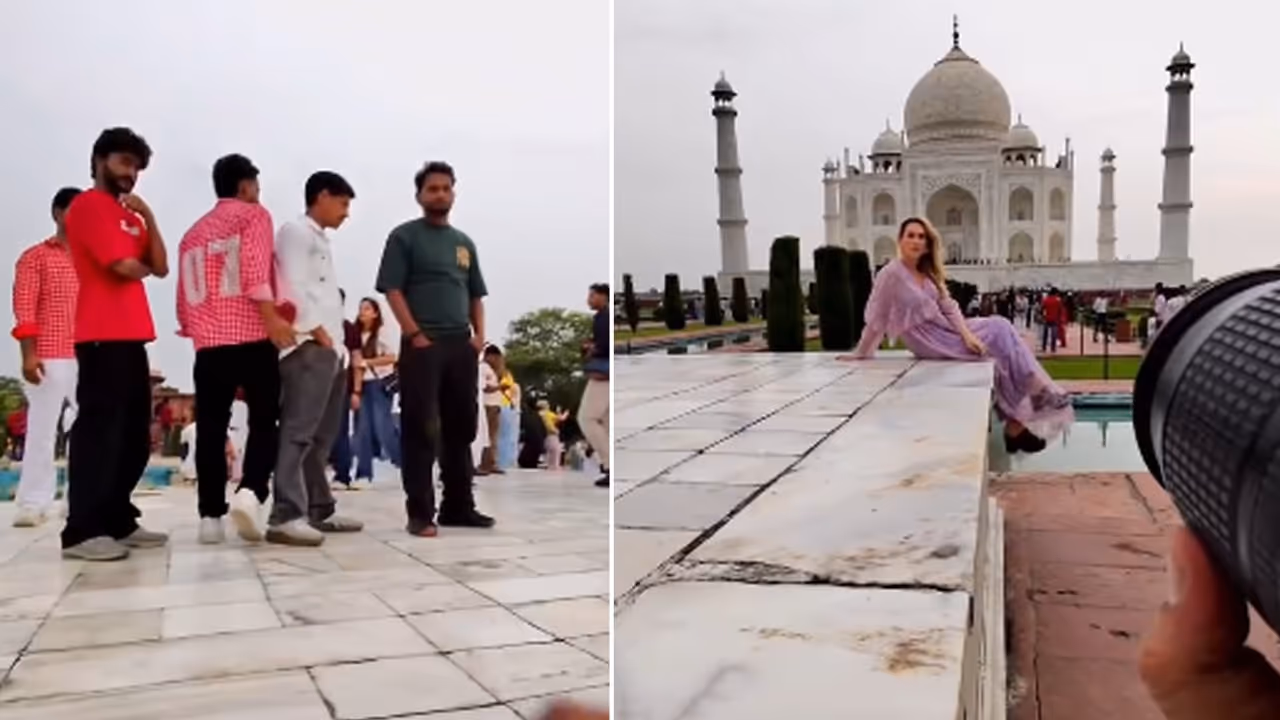 Viral Video: 'Kyu Dekh Rahe Ho?’: Photographer Confronts Men for Staring at Foreign Woman at Taj Mahal (WATCH) Viral Video: 'Kyu Dekh Rahe Ho?’: Photographer Confronts Men for Staring at Foreign Woman at Taj Mahal (WATCH)