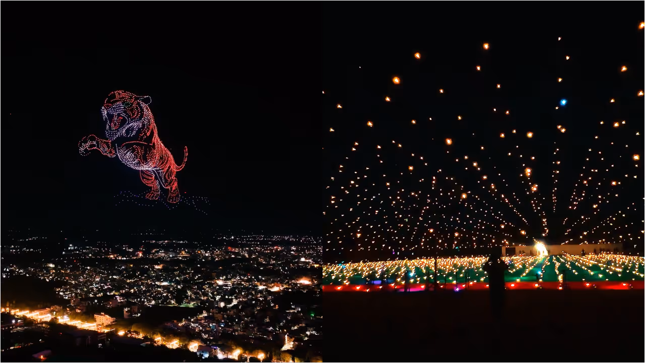 Drone Show with Tiger Artwork at Mysuru Dasara 2025