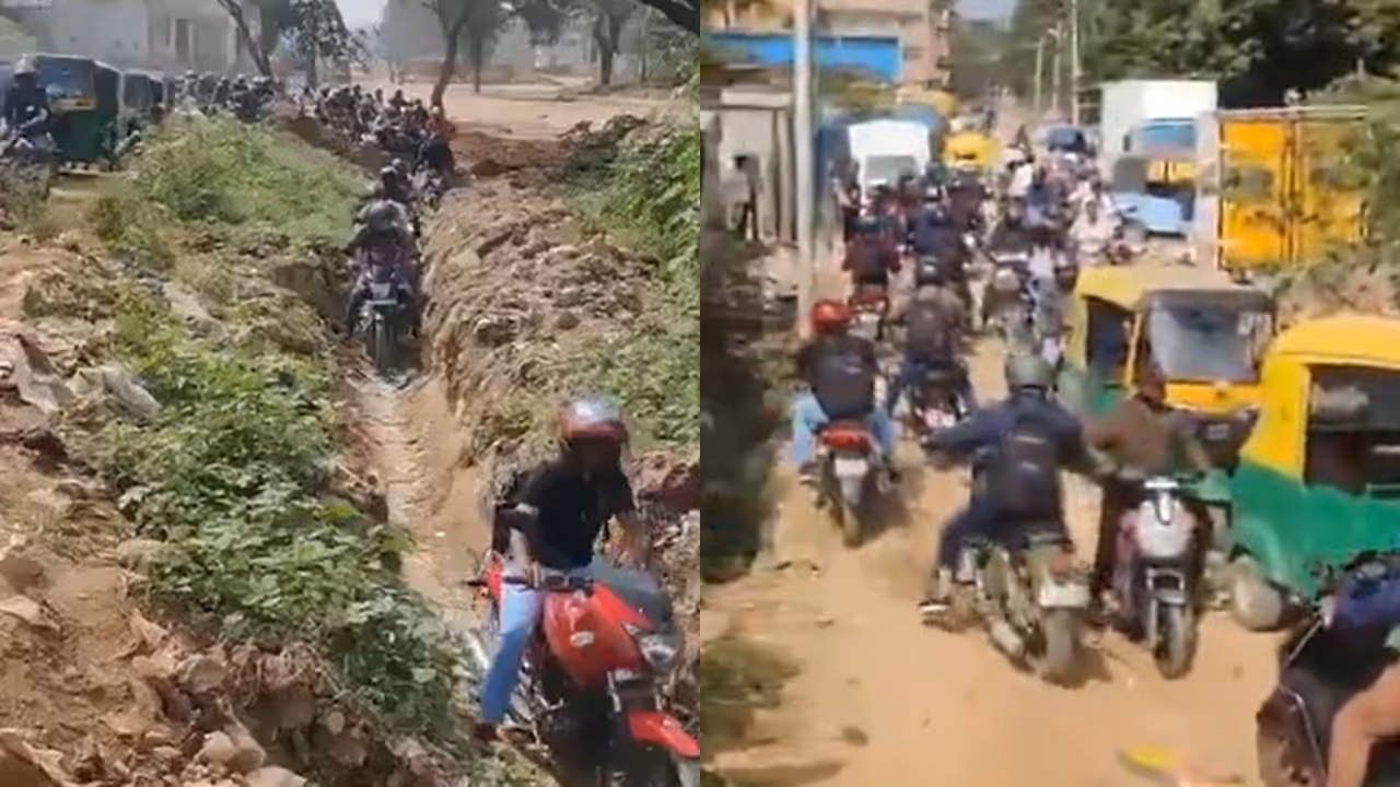 Bikers take muddy shortcuts on Bengaluru’s Panathur Road to escape traffic jam