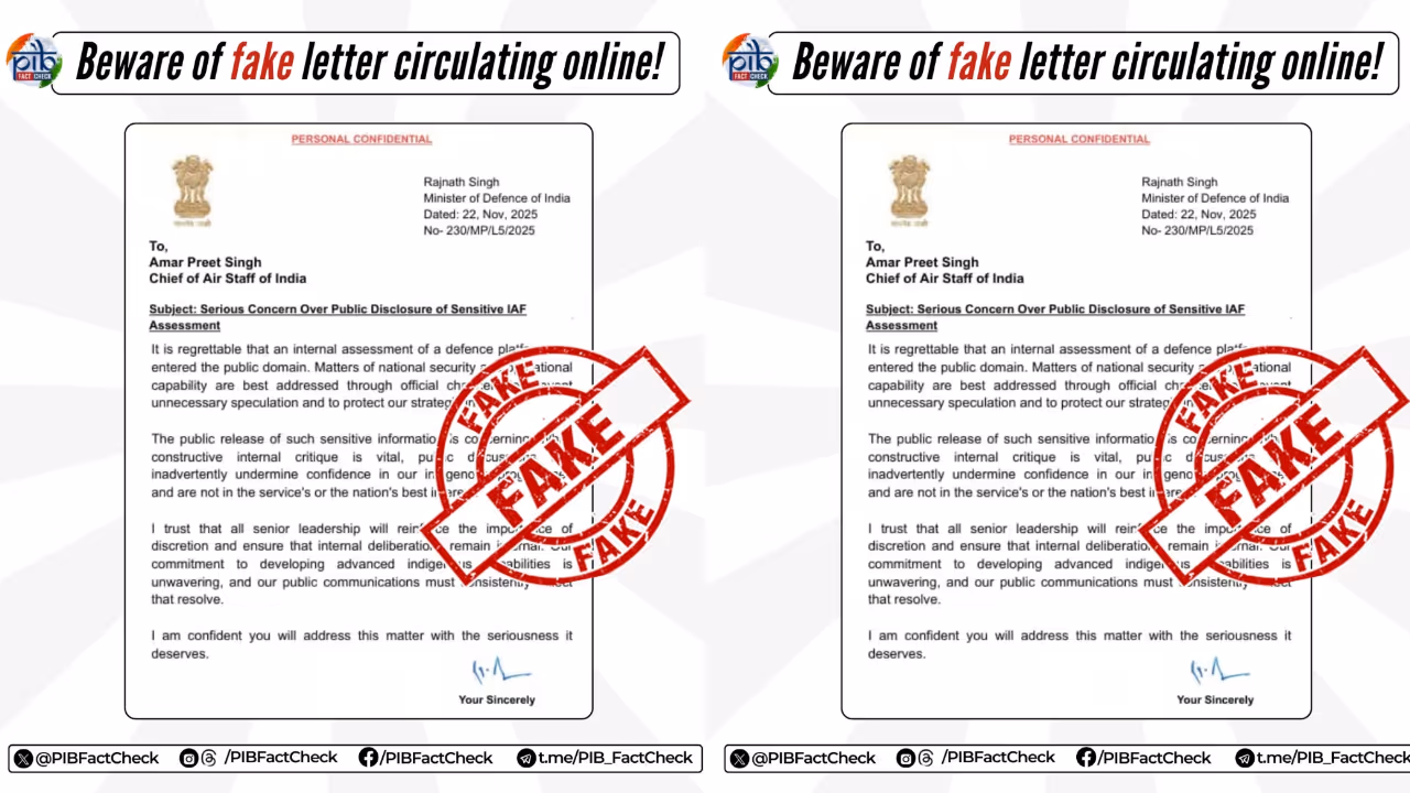 PIB Confirms Viral Letter Claiming Rajnath Singh Wrote to IAF Chief Is Fake PIB Confirms Viral Letter Claiming Rajnath Singh Wrote to IAF Chief Is Fake