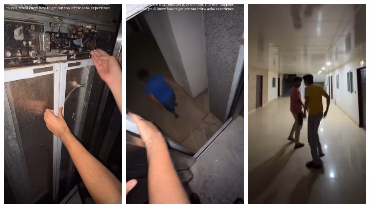 joy of finally getting out after being stuck in the elevator of the restaurant