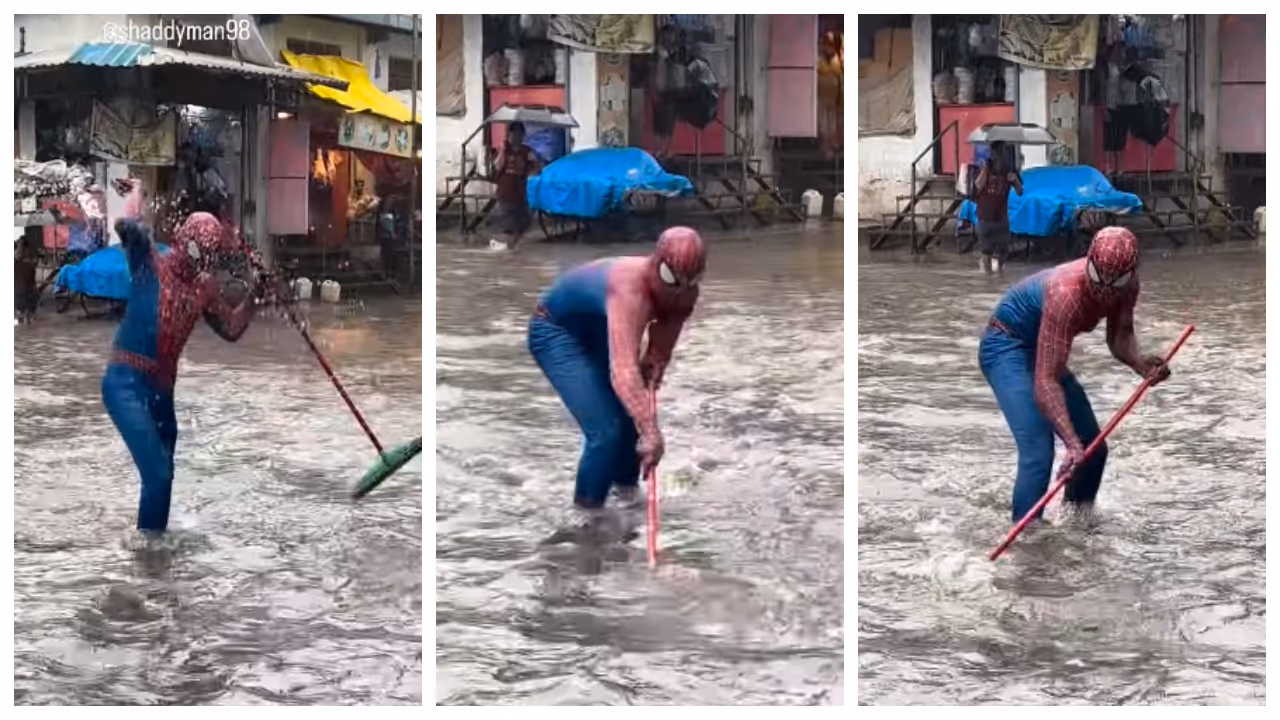 Spider man try to clean waterlogged mumbai streets 