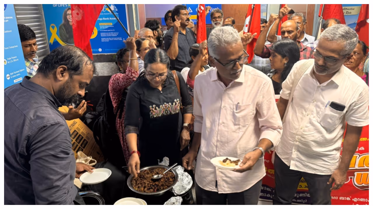 Canara Bank employees stage protest with beef fest Canara Bank employees stage protest with beef fest