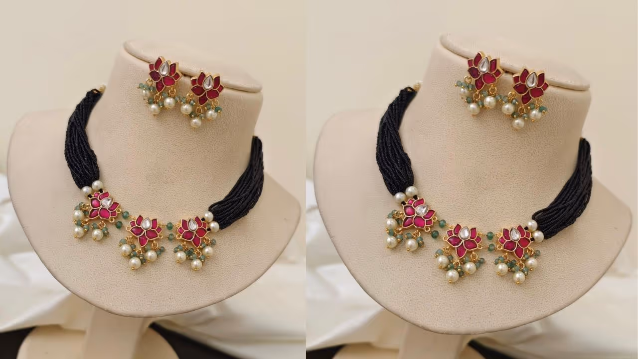 Pink kundan necklace design for Onam traditional look