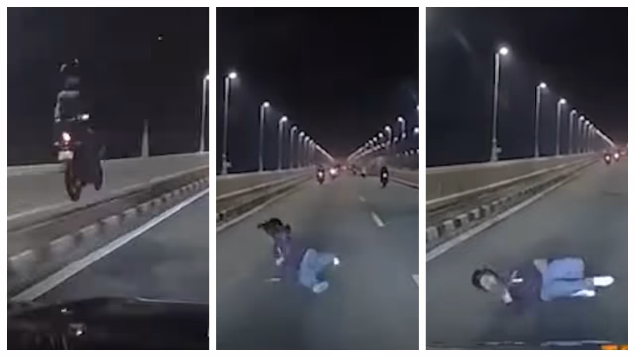 biker who climbed onto an unscientific concrete divider fell in front of a moving car