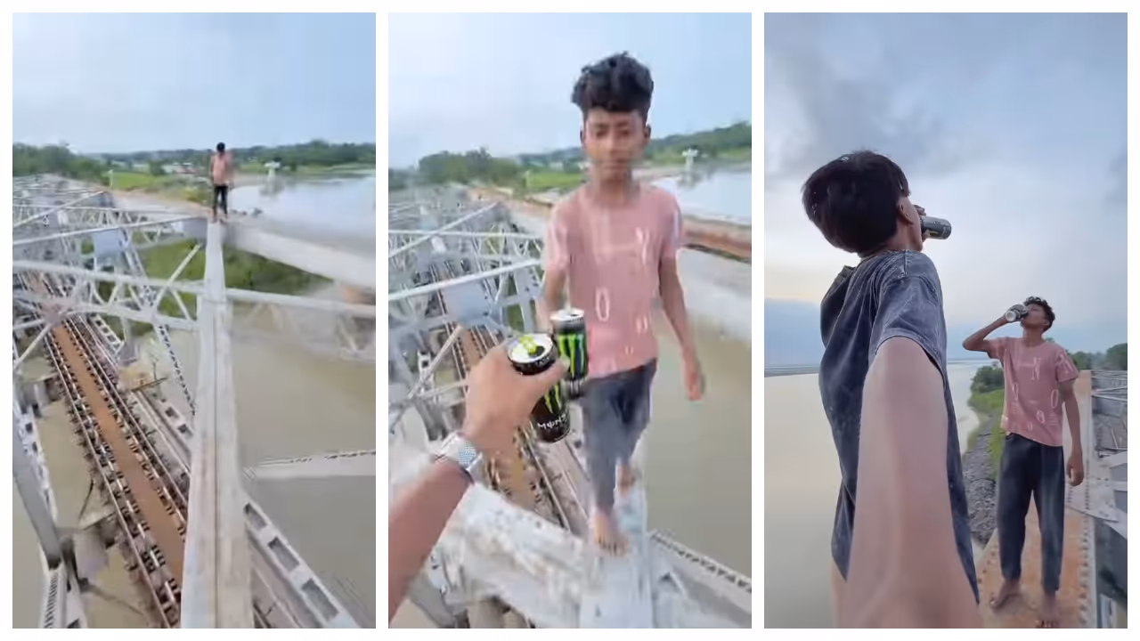 Children's climbing on the beams of the giant railway bridge Children's climbing on the beams of the giant railway bridge