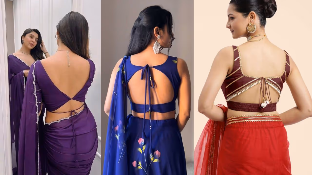 Trendy back blouse design for Karwa Chauth saree