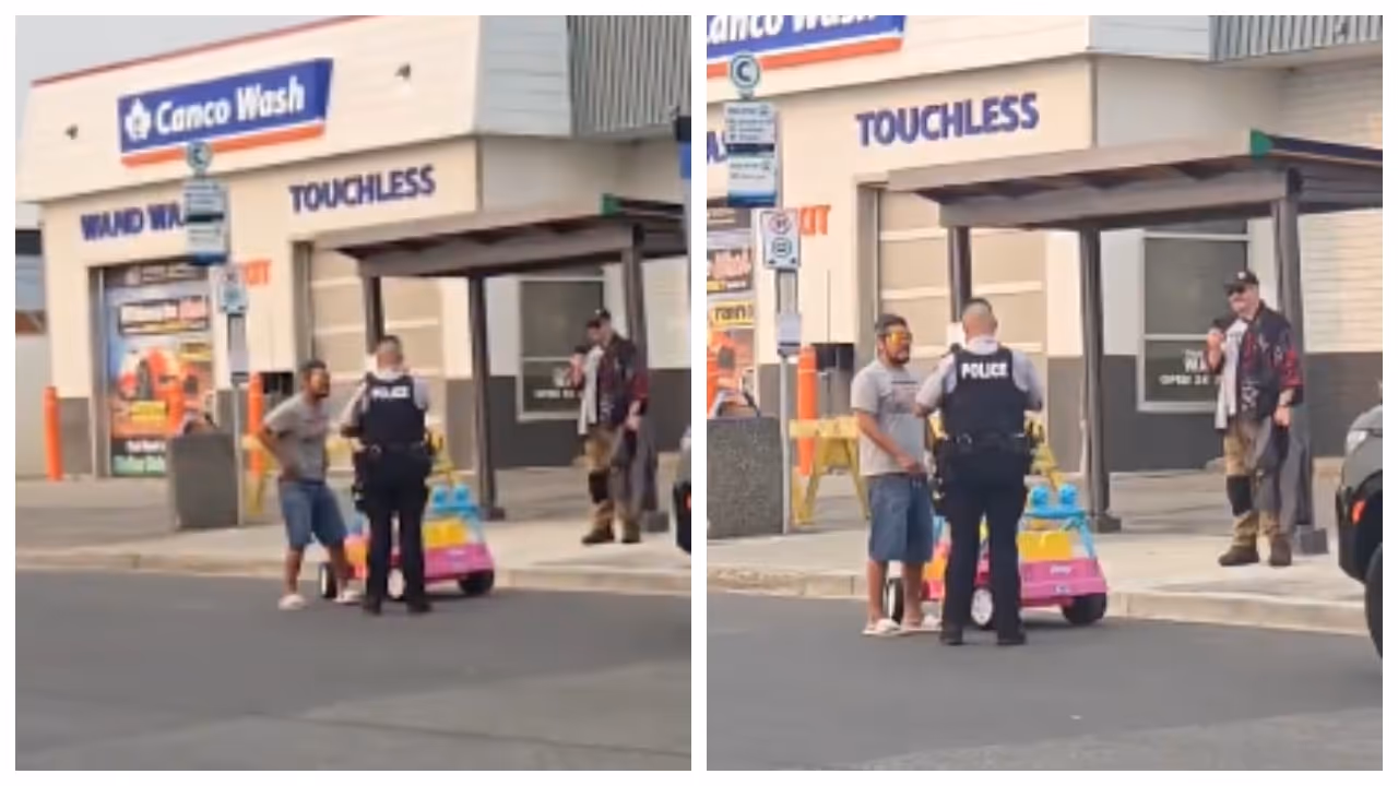 dranken man driving a toy car on busy road