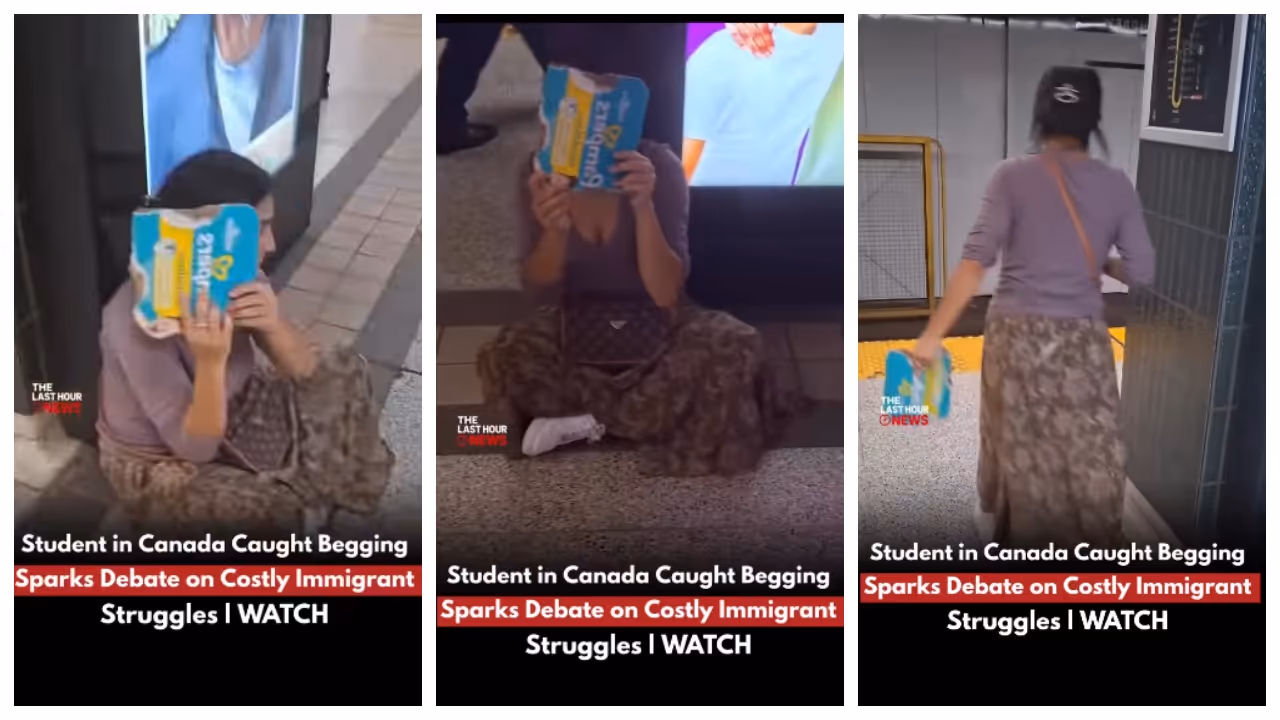 Student begging in a subway in Canada