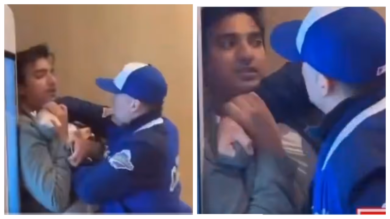 Canadian grabs Indian man by the collar Canadian grabs Indian man by the collar