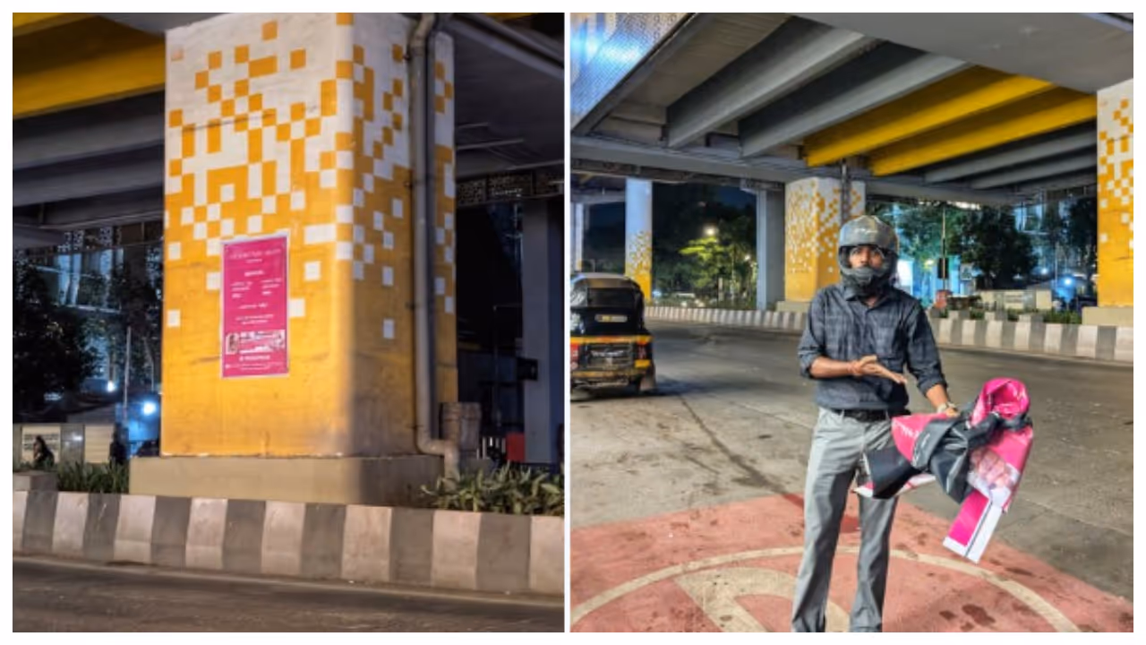 man removes posters pasted on Mumbai Metro poles man removes posters pasted on Mumbai Metro poles