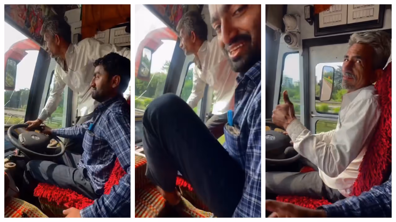 Bus drivers practice changing seats while traveling on the highway