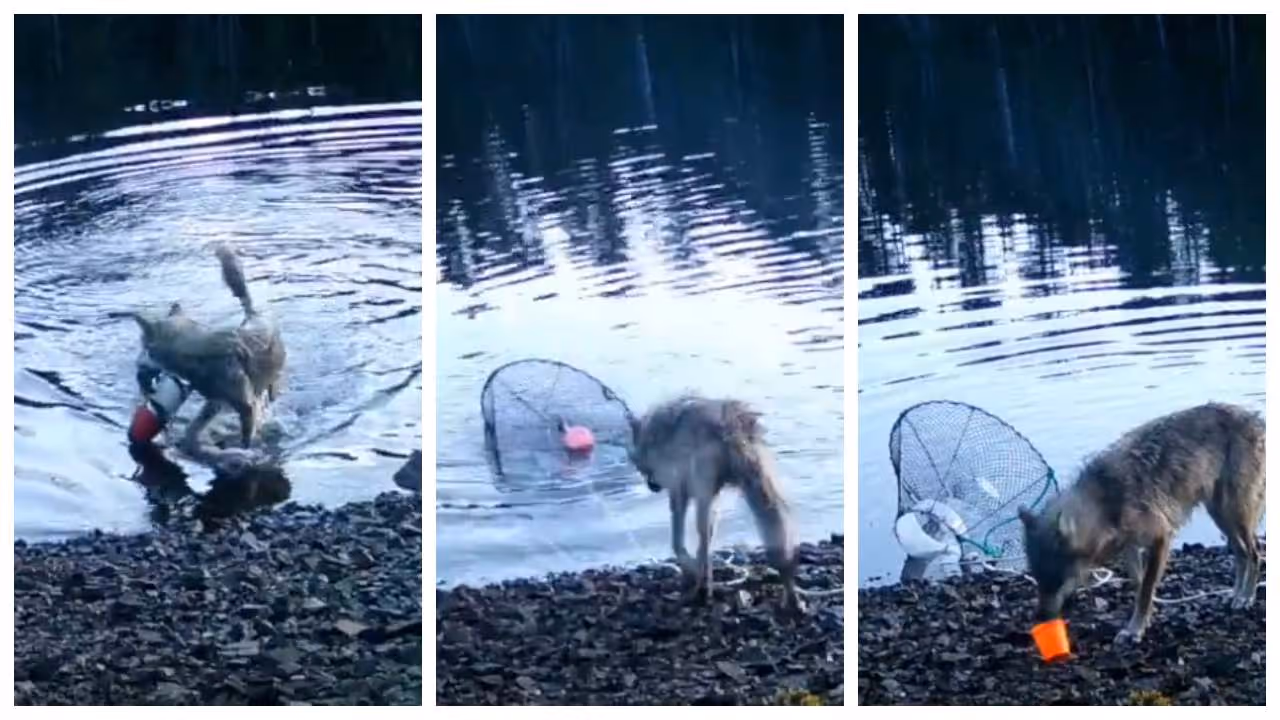 wolf catching crab in a trap
