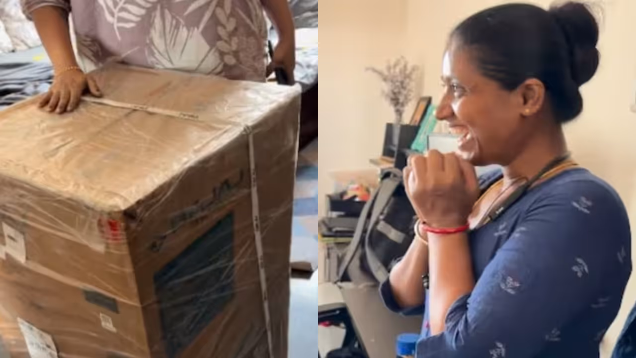 Domestic worker hugging her employer after receiving an air cooler as a gift. Domestic worker hugging her employer after receiving an air cooler as a gift.
