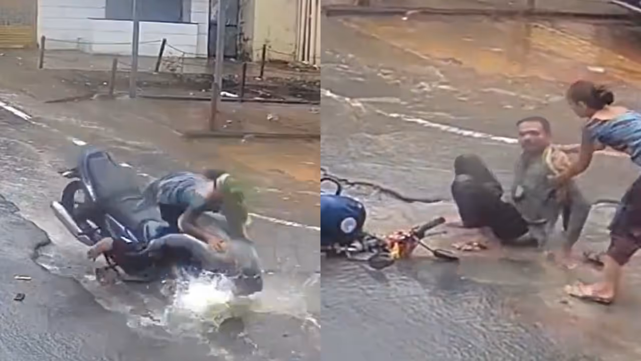 Gujarat couple injured after bike hits water filled pothole Gujarat couple injured after bike hits water filled pothole