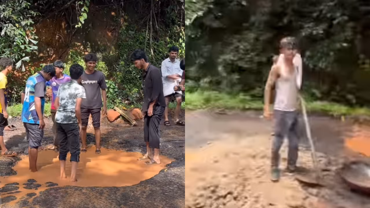 Mangaluru youths stage ‘Kere Dada’ protest over huge road pothole Mangaluru youths stage ‘Kere Dada’ protest over huge road pothole
