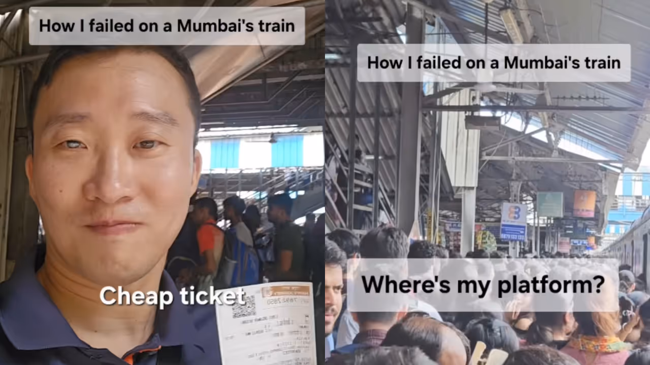 South Korean creator struggles to board crowded Mumbai local train South Korean creator struggles to board crowded Mumbai local train