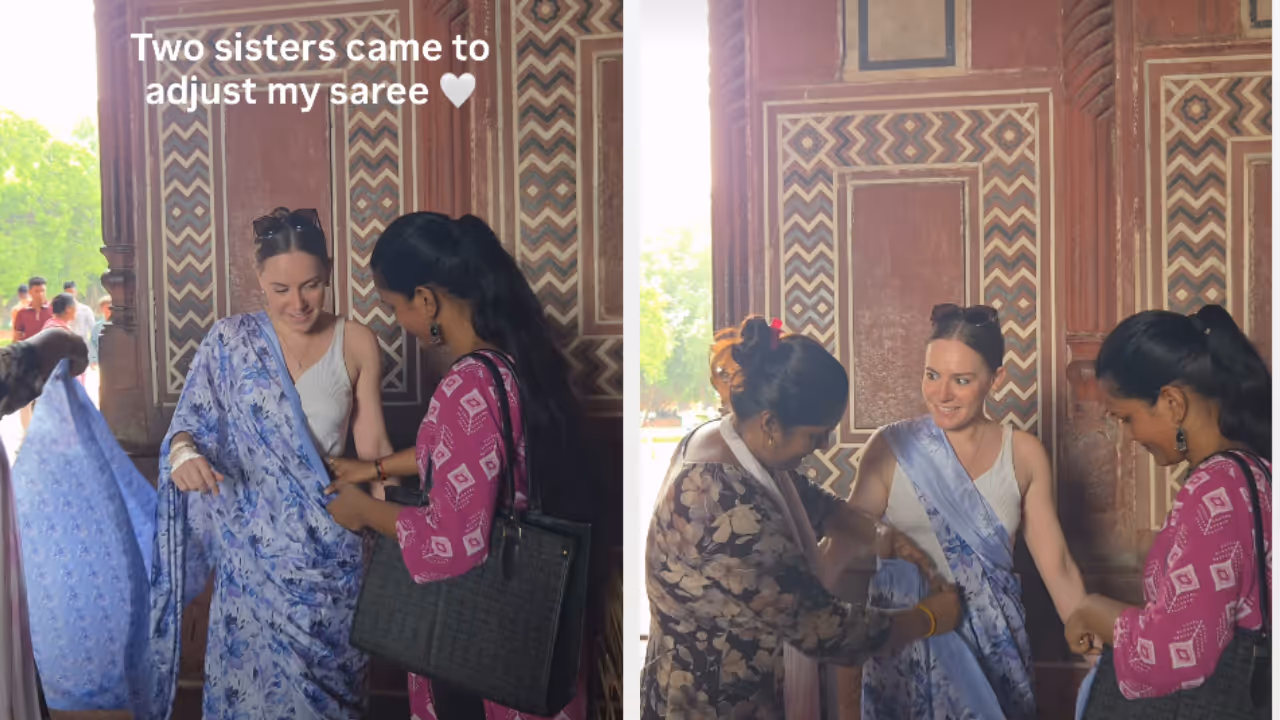 Indian women help foreign woman saree Indian women help foreign woman saree