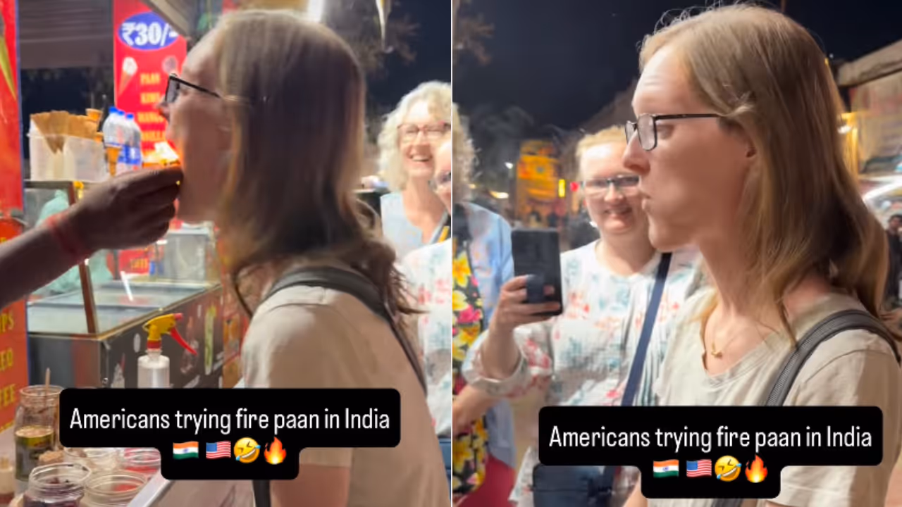 American woman tries fire paan American woman tries fire paan