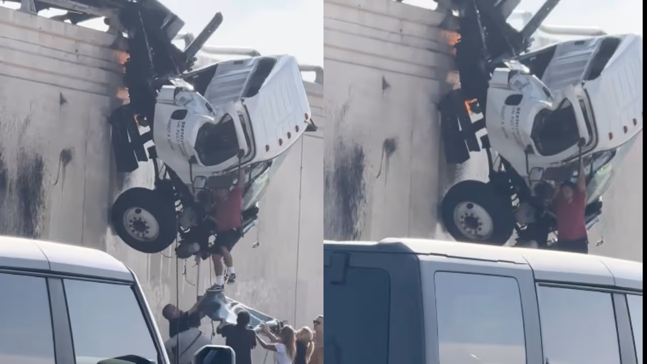 Bystanders Catch Truck Driver With Blanket After Highway Crash in California Bystanders Catch Truck Driver With Blanket After Highway Crash in California