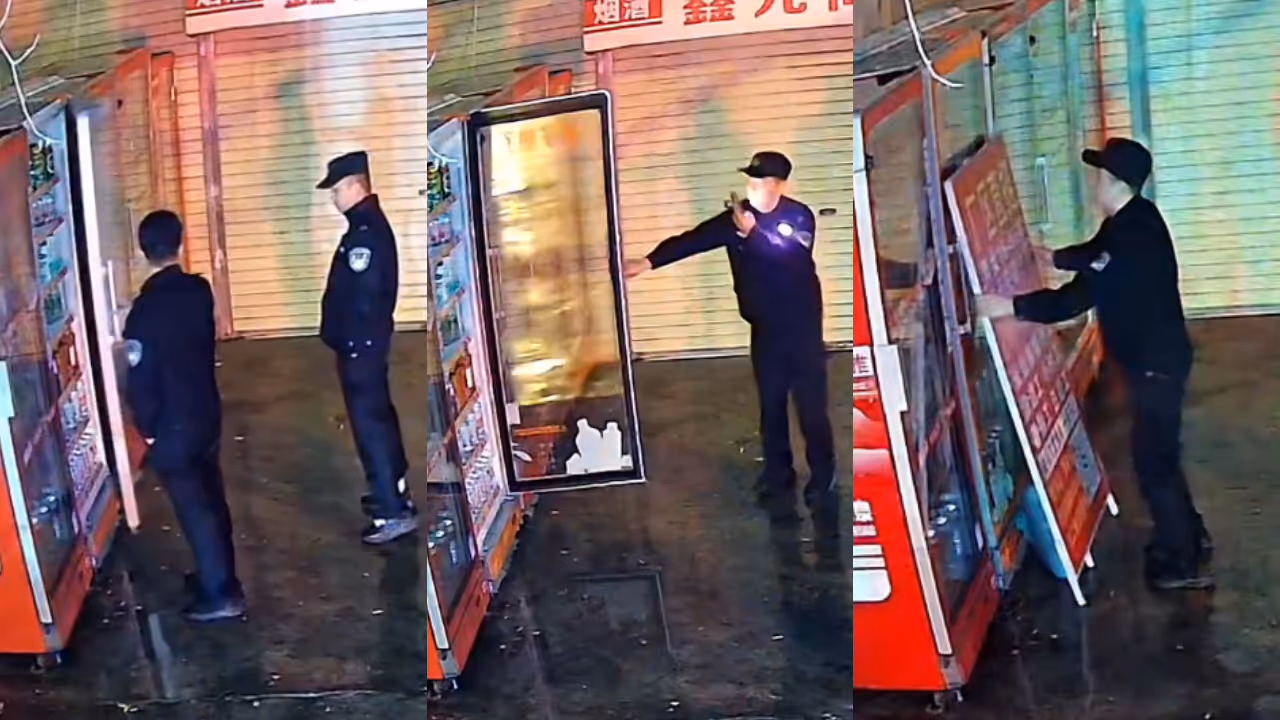 Chinese police officers guard a broken vending machine overnight Chinese police officers guard a broken vending machine overnight