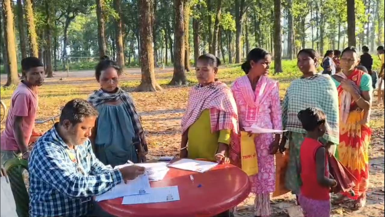 Workers filling SIR enumeration forms under tree in Baikunthapur forest Jalpaiguri