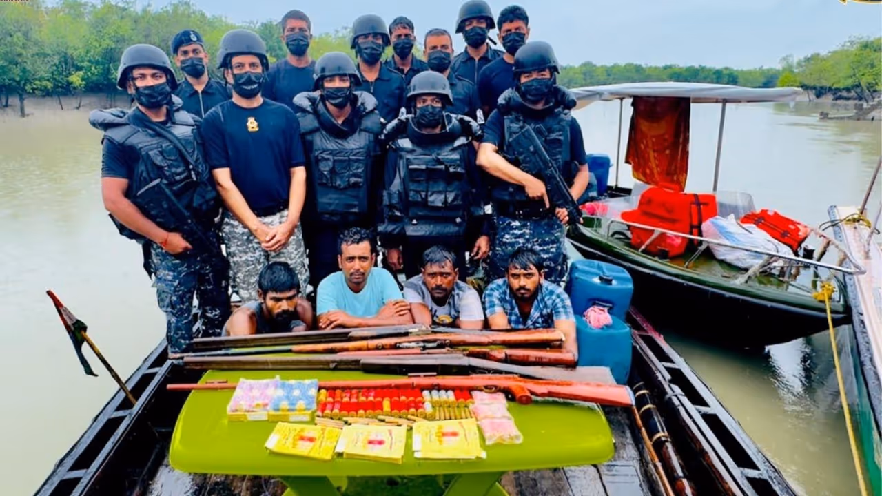 ICG intercepted and apprehended fishing boat along with its four Indian crew for illegal trans border trafficking of arms and ammunition ICG intercepted and apprehended fishing boat along with its four Indian crew for illegal trans border trafficking of arms and ammunition