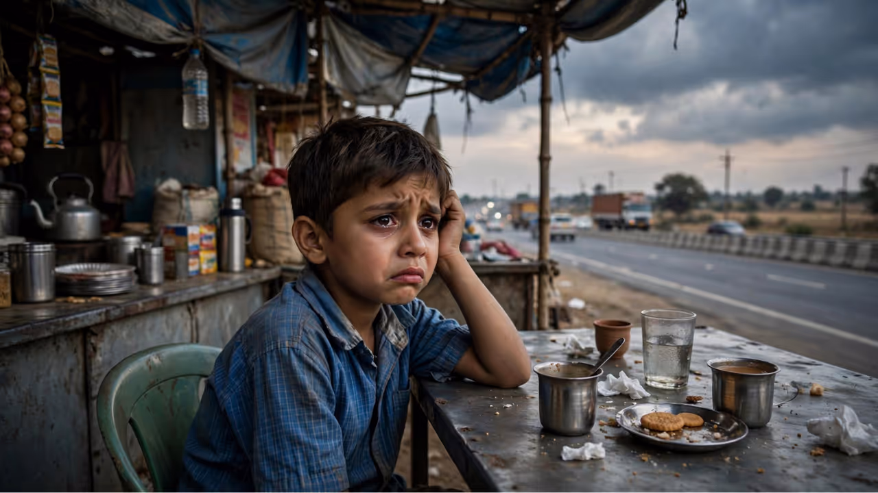 Family Leaves 8 Year Old Son at Dhaba AI Generated image Family Leaves 8 Year Old Son at Dhaba AI Generated image