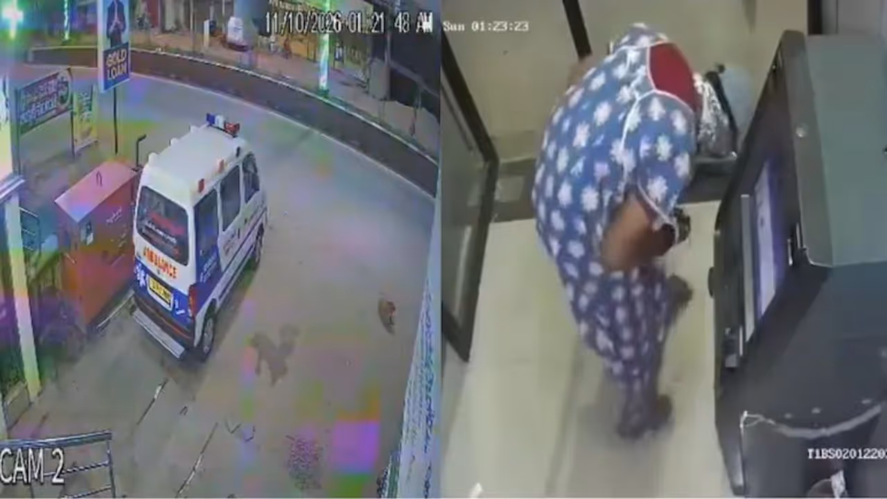 Miscreants wearing nighties arrived in an ambulance and broke into an SBI ATM in Kamareddy district in Telangana Miscreants wearing nighties arrived in an ambulance and broke into an SBI ATM in Kamareddy district in Telangana