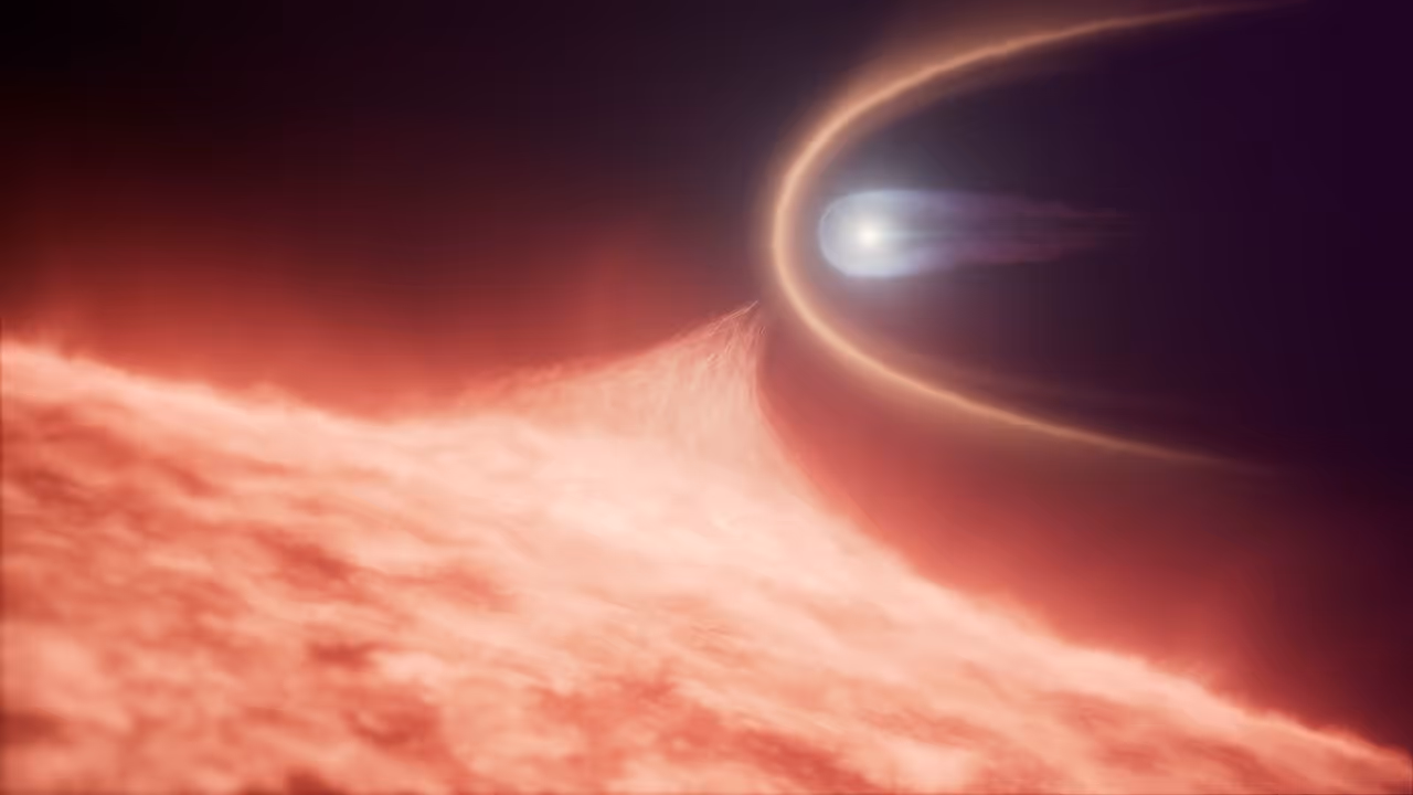  Illustration of a white dwarf star merging into a red giant star