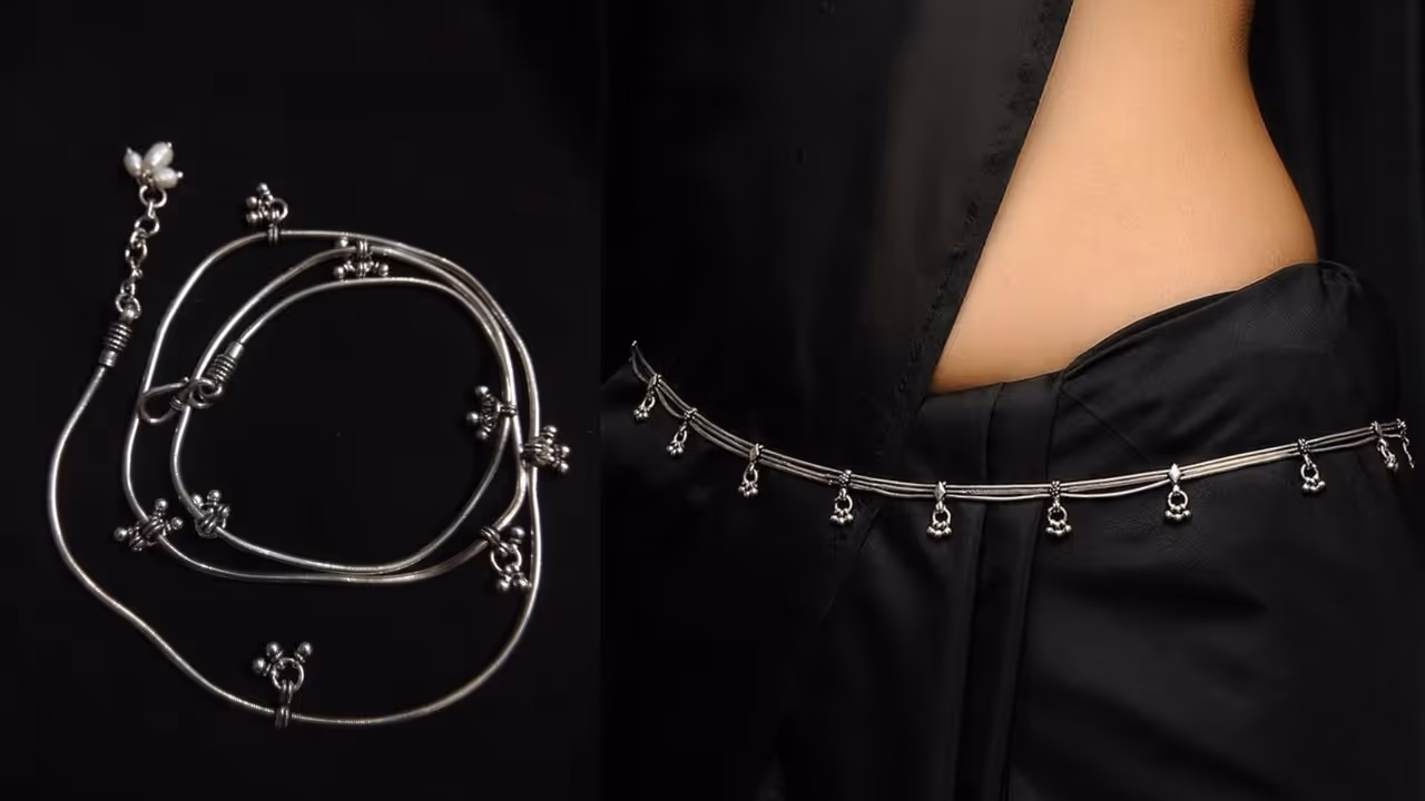 Stylish silver waist chain designs for traditional Sawan outfits Stylish silver waist chain designs for traditional Sawan outfits