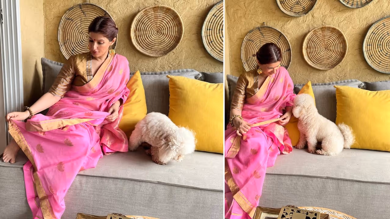 Twinkle Khanna golden blouse in pink saree Twinkle Khanna golden blouse in pink saree
